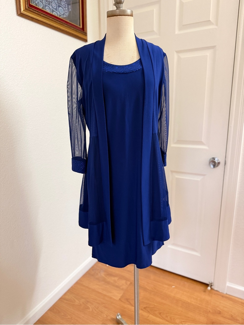 R&M Richards Cobalt Blue Midi Dress with Sheer Overlay